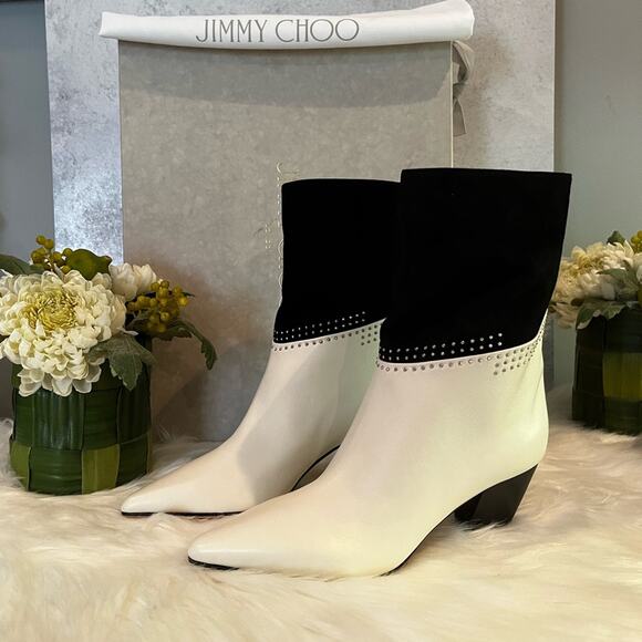 NEW Jimmy Choo Leather Suede Studded Contrast Two Tone Crystal Bear 65 Bootie … - Picture 1 of 16